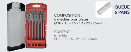 Coffret 6 Mèches Bois Plates Ø10-13-16-19-22-25mm Queue 6 Pans