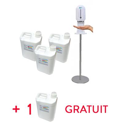 Pack Distributeur de gel + 4 bidons 5L gel Hydroalcoolique - 1 gratuit !