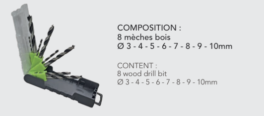 Coffret 8 Mèches Bois Ø3-4-5-6-7-8-9-10mm